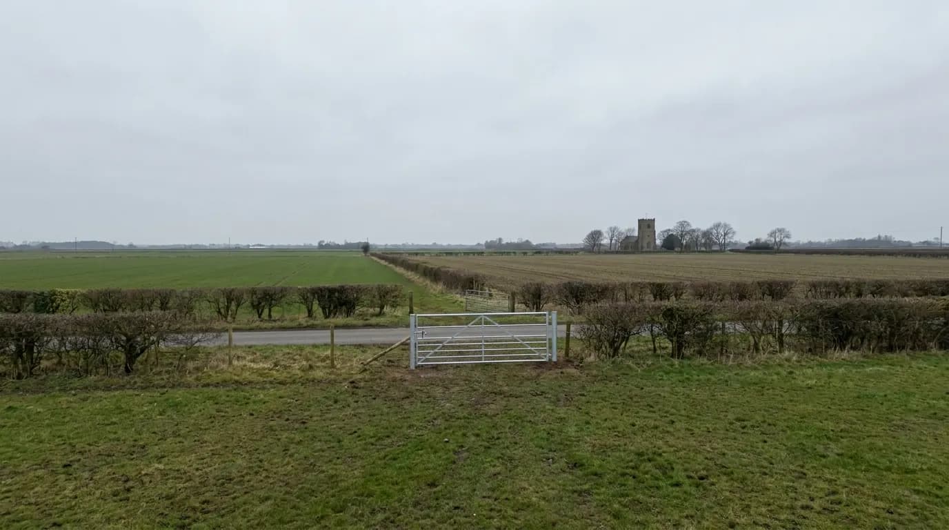 Wide flat Lancashire farmland with hedgerows and a gated farm entrance in the middle distance