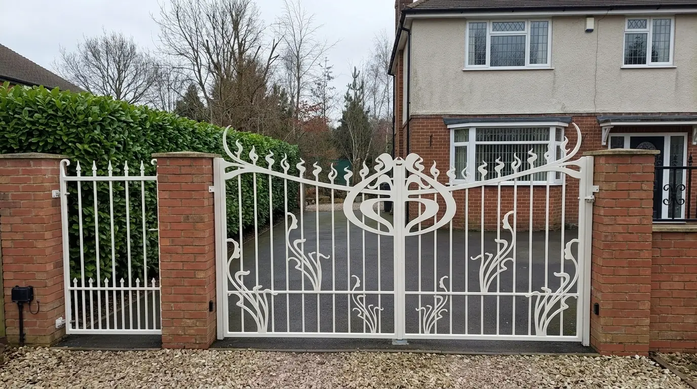White painted ornate iron driveway gates closed between red brick pillars on a gravel driveway