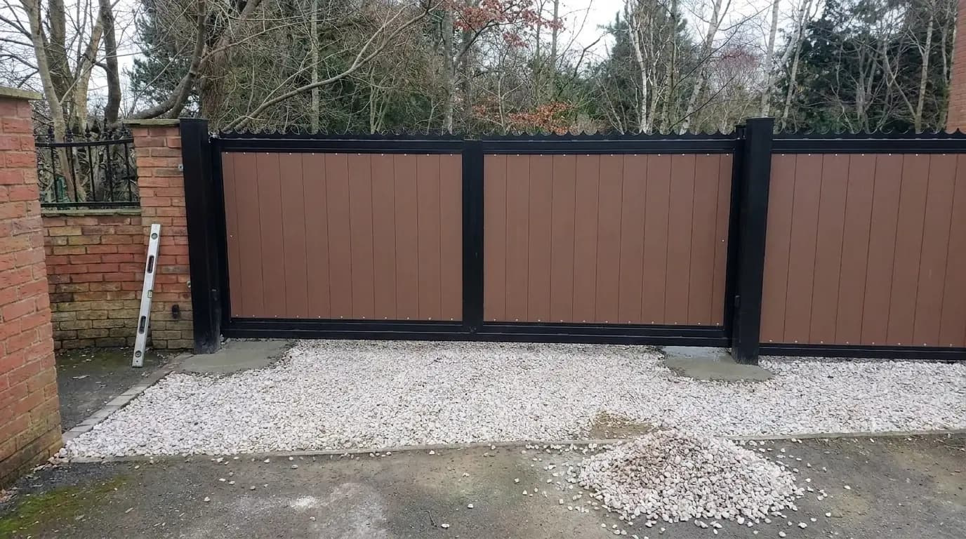 Newly fitted brown composite board driveway gates with a black steel frame, with fresh gravel laid at the threshold
