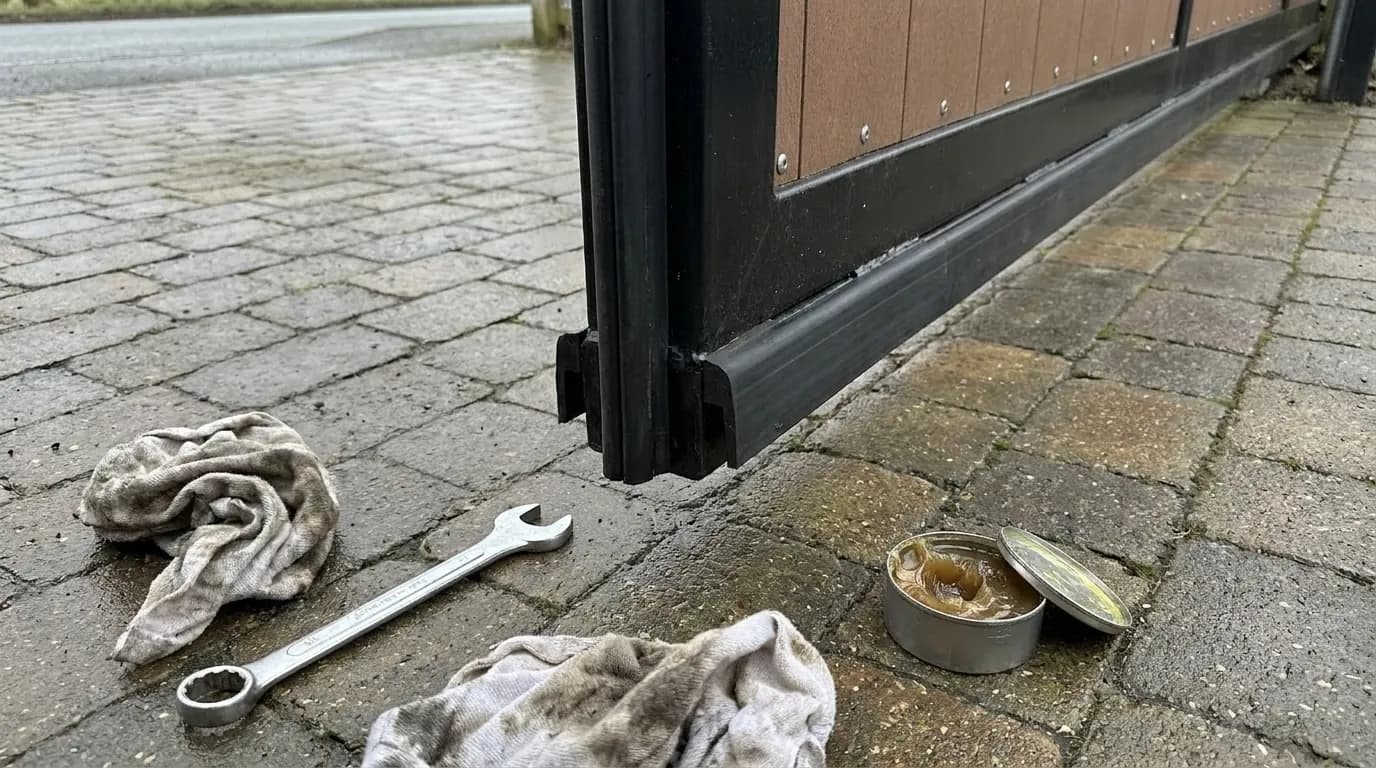 A gate hinge and rubber safety edge being inspected, with a spanner and grease tin on the ground beside the gate leaf