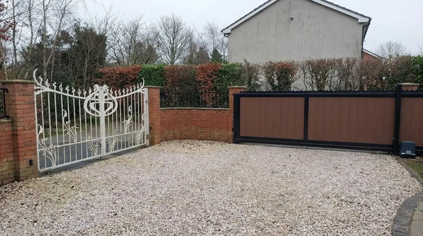 A white ornate iron gate and a brown composite board gate at the entrance to an ordinary domestic driveway